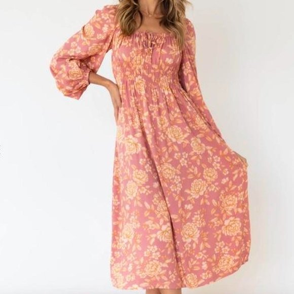 PAPER HEART Caitlyn Pink Floral Long Sleeve Midi Dress NWT - Picture 2 of 16